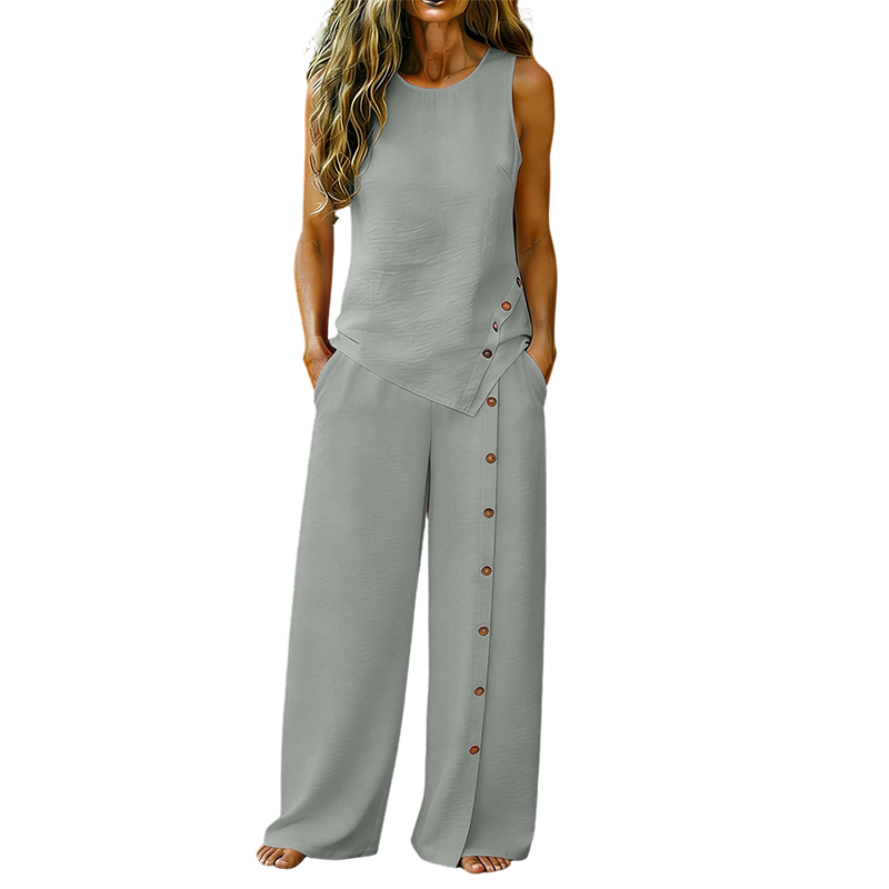 ✨🔥 PROMO FLASH 50% ! Ensemble Décontracté Femme 2 Pièces – Top sans Manches Boutonné & Pantalon Large, Tissu Polyester Léger, Style Minimaliste Chic, 8 Couleurs 🌿