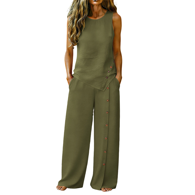 ✨🔥 PROMO FLASH 50% ! Ensemble Décontracté Femme 2 Pièces – Top sans Manches Boutonné & Pantalon Large, Tissu Polyester Léger, Style Minimaliste Chic, 8 Couleurs 🌿