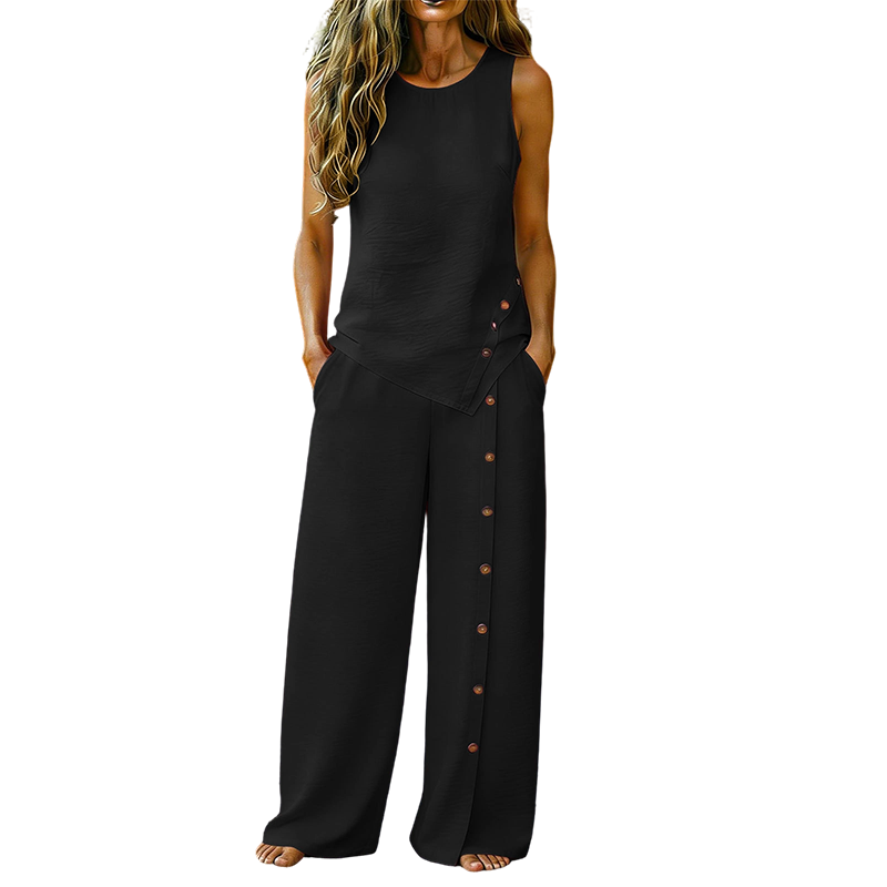 ✨🔥 PROMO FLASH 50% ! Ensemble Décontracté Femme 2 Pièces – Top sans Manches Boutonné & Pantalon Large, Tissu Polyester Léger, Style Minimaliste Chic, 8 Couleurs 🌿
