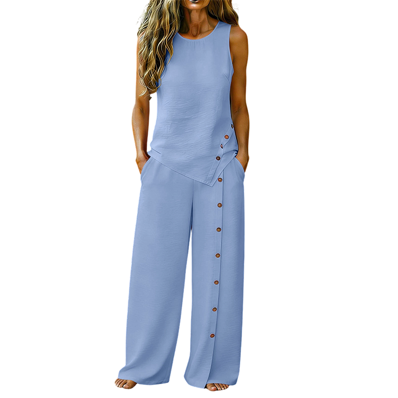 ✨🔥 PROMO FLASH 50% ! Ensemble Décontracté Femme 2 Pièces – Top sans Manches Boutonné & Pantalon Large, Tissu Polyester Léger, Style Minimaliste Chic, 8 Couleurs 🌿
