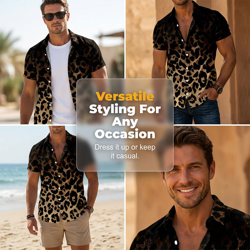 🐆 Chemise à manches courtes pour homme, imprimé léopard, boutonnée 👕