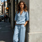 Ensemble Femme 2 Pièces en Lin - Haut à Col V et Pantalon