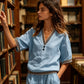 Ensemble Femme 2 Pièces en Lin - Haut à Col V et Pantalon