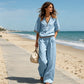 Ensemble Femme 2 Pièces en Lin - Haut à Col V et Pantalon