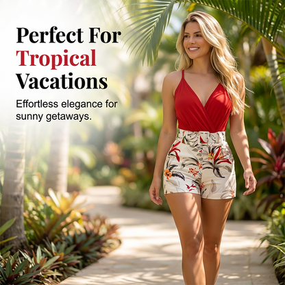 🏝️ PROMO EXCLUSIVE 50% ! 💃 Set Vacances Femme – Haut Bretelles Croisées & Shorty Taille Haute, Imprimé Floral Tropical 🌴