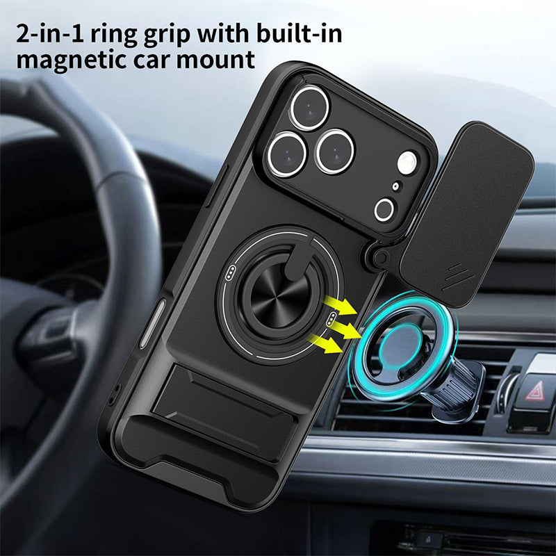 ⏳🔧 PROMO LIMITÉE 50% ! Coque de Protection 4-en-1 pour iPhone – Couverture Coulissante Caméra, Anneau Rotatif 360°, Support Magnétique, Double Kickstand, 5 Couleurs ⏰