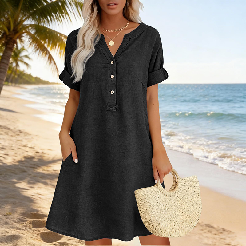 Robe Tunique Femme Décontractée à Col V avec Poches