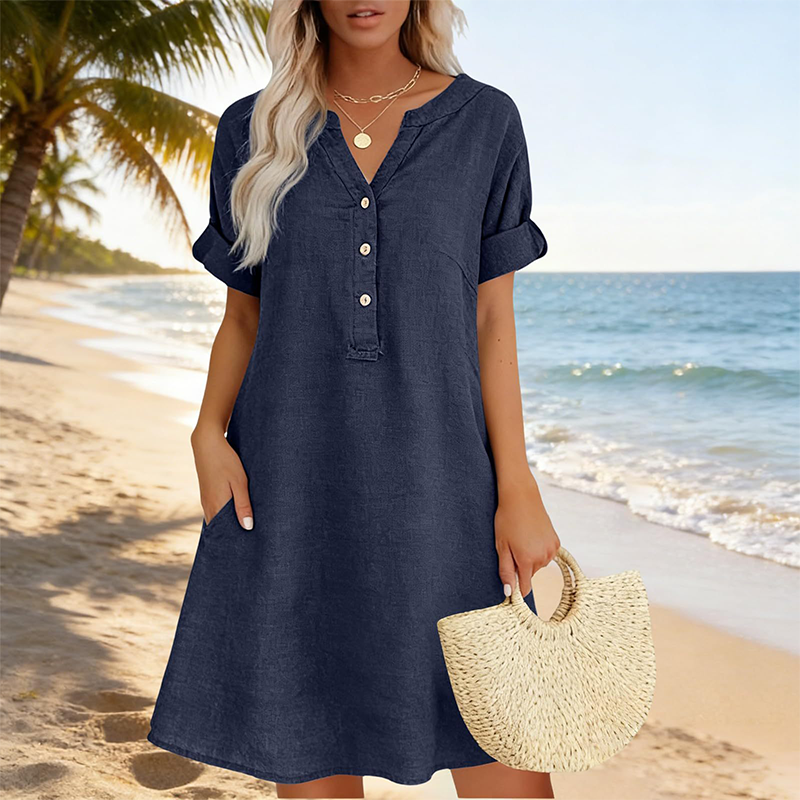 Robe Tunique Femme Décontractée à Col V avec Poches