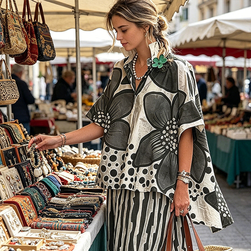 Ensemble 2 Pièces Femme : Haut Imprimé et Pantalon Assorti