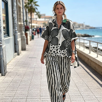 Ensemble 2 Pièces Femme : Haut Imprimé et Pantalon Assorti