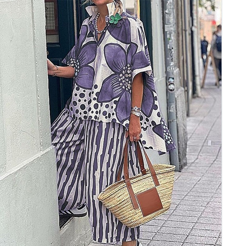 Ensemble 2 Pièces Femme : Haut Imprimé et Pantalon Assorti