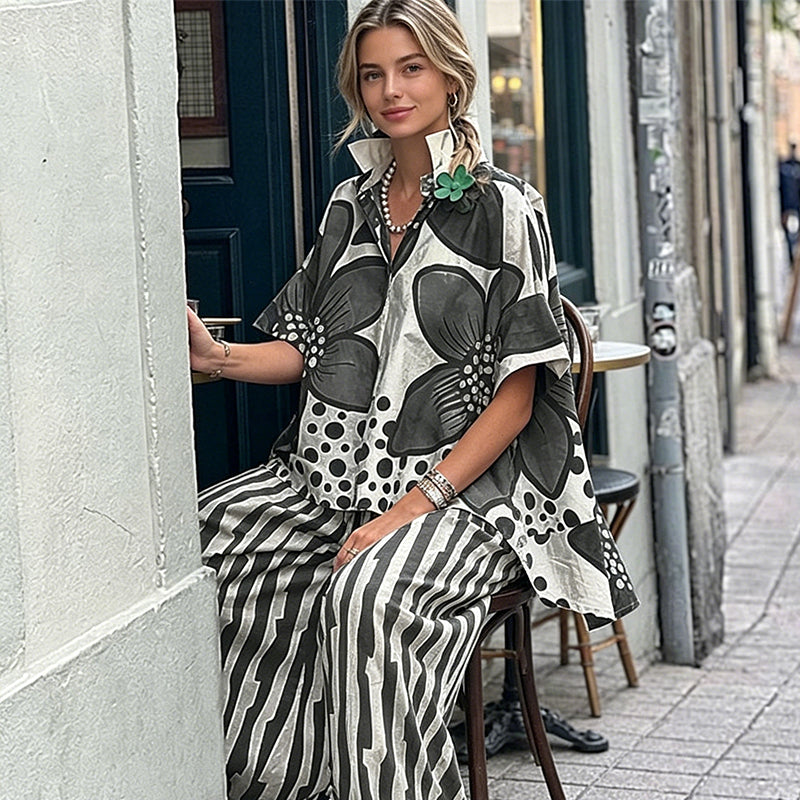 Ensemble 2 Pièces Femme : Haut Imprimé et Pantalon Assorti