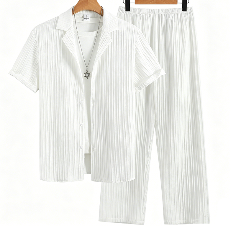 👕 50 % DE RÉDUCTION EN CE MOMENT ! ☁️ Ensemble t-shirt et pantalon à texture côtelée pour homme – Tissu souple et extensible, respirant, idéal pour se détendre, voyager ou pour les journées décontractées 👖