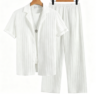 👕 50 % DE RÉDUCTION EN CE MOMENT ! ☁️ Ensemble t-shirt et pantalon à texture côtelée pour homme – Tissu souple et extensible, respirant, idéal pour se détendre, voyager ou pour les journées décontractées 👖
