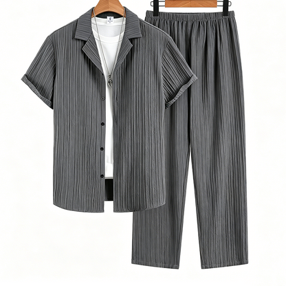 👕 50 % DE RÉDUCTION EN CE MOMENT ! ☁️ Ensemble t-shirt et pantalon à texture côtelée pour homme – Tissu souple et extensible, respirant, idéal pour se détendre, voyager ou pour les journées décontractées 👖