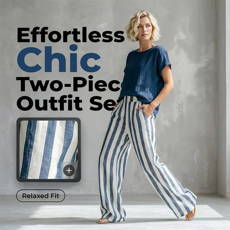 Ensemble Femme Décontracté : Haut Uni et Pantalon Large à Rayures