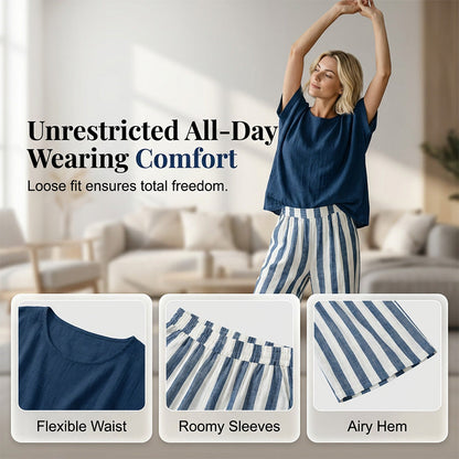 Ensemble Femme Décontracté : Haut Uni et Pantalon Large à Rayures