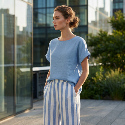 Ensemble Femme Décontracté : Haut Uni et Pantalon Large à Rayures