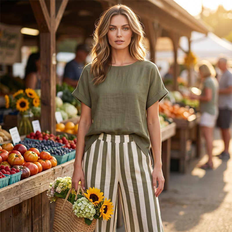 Ensemble Femme Décontracté : Haut Uni et Pantalon Large à Rayures
