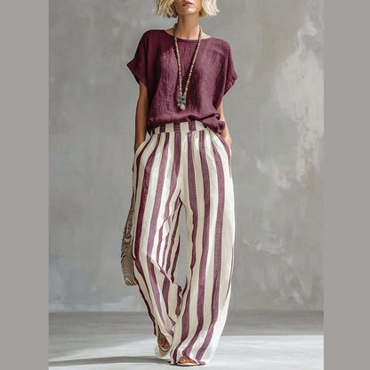 Ensemble Femme Décontracté : Haut Uni et Pantalon Large à Rayures