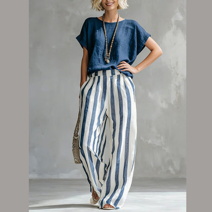 Ensemble Femme Décontracté : Haut Uni et Pantalon Large à Rayures