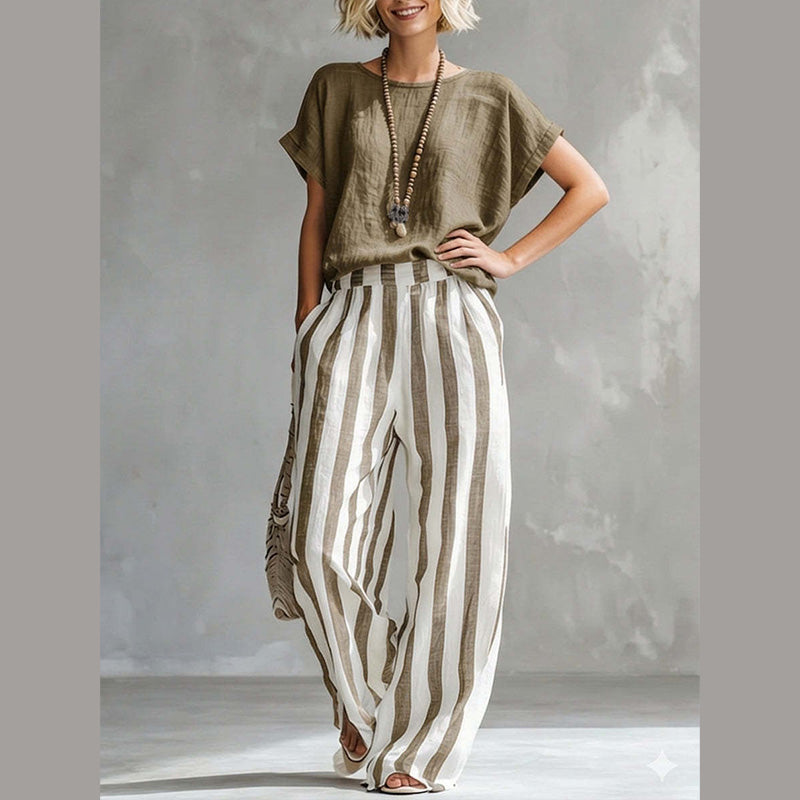 Ensemble Femme Décontracté : Haut Uni et Pantalon Large à Rayures