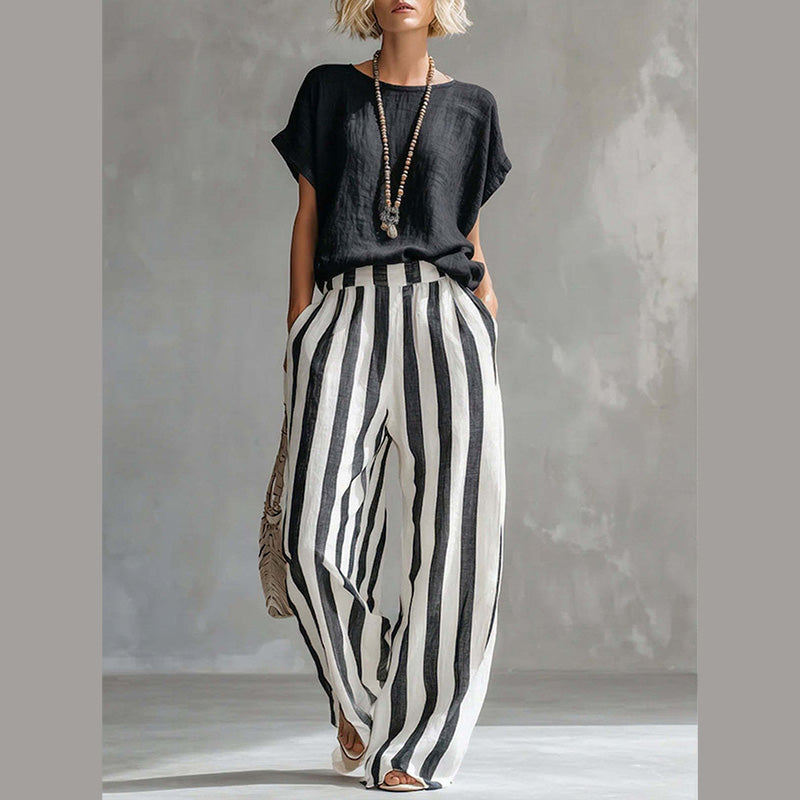 Ensemble Femme Décontracté : Haut Uni et Pantalon Large à Rayures