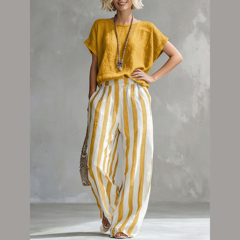 Ensemble Femme Décontracté : Haut Uni et Pantalon Large à Rayures