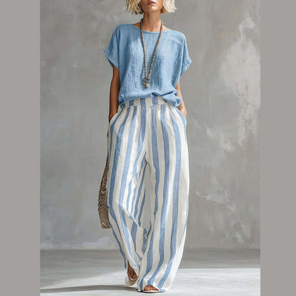 Ensemble Femme Décontracté : Haut Uni et Pantalon Large à Rayures