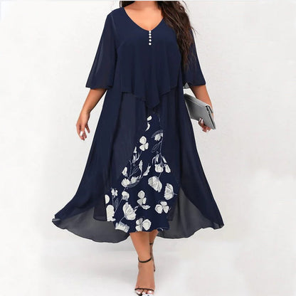Robe Asymétrique en Mousseline Effet Deux-Pièces - Manches Mi-longues