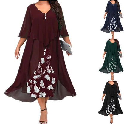 Robe Asymétrique en Mousseline Effet Deux-Pièces - Manches Mi-longues