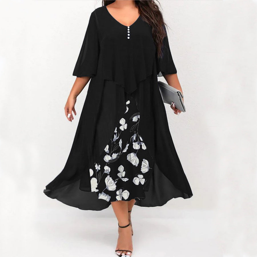 Robe Asymétrique en Mousseline Effet Deux-Pièces - Manches Mi-longues