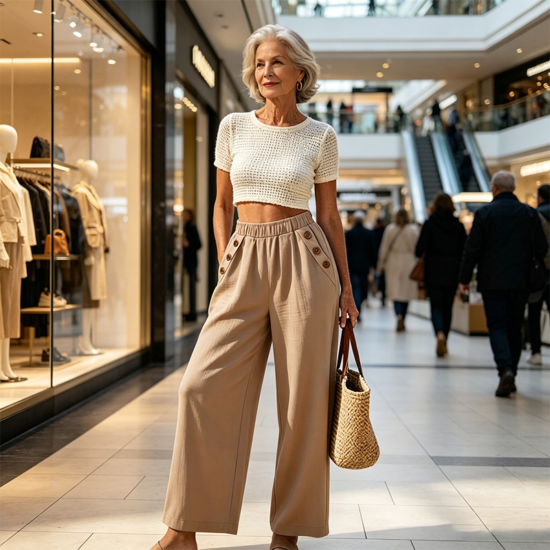 Pantalon pour femme à jambes larges et boutons décoratifs