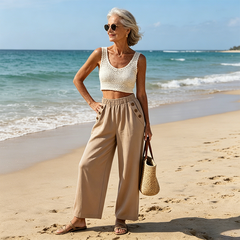 Pantalon pour femme à jambes larges et boutons décoratifs