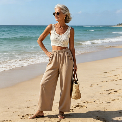 Pantalon pour femme à jambes larges et boutons décoratifs