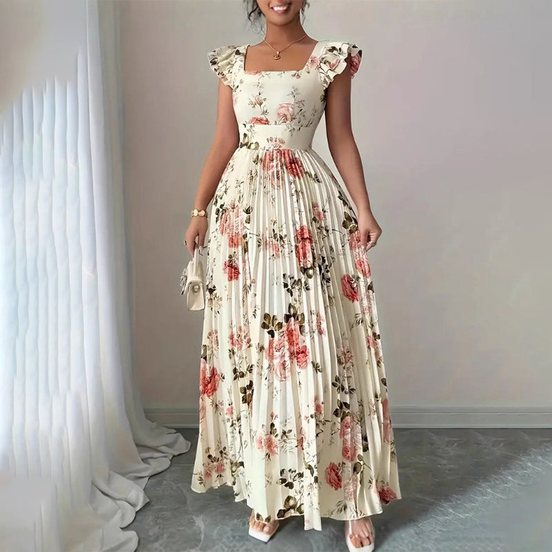 🌸 PROMO LIMITÉE 50% DE RÉDUCTION ! ✨ Robe Longue Plissée Imprimé Floral – Col Carré, Manches Volantées, Vintage 👒