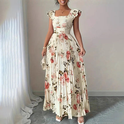 🌸 PROMO LIMITÉE 50% DE RÉDUCTION ! ✨ Robe Longue Plissée Imprimé Floral – Col Carré, Manches Volantées, Vintage 👒