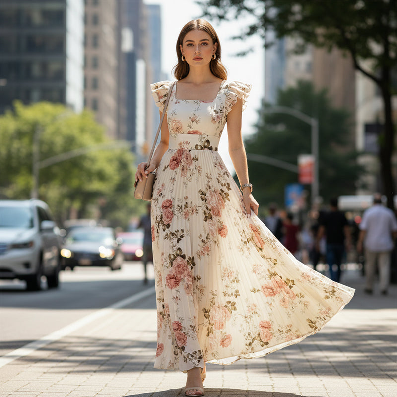 🌸 PROMO LIMITÉE 50% DE RÉDUCTION ! ✨ Robe Longue Plissée Imprimé Floral – Col Carré, Manches Volantées, Vintage 👒