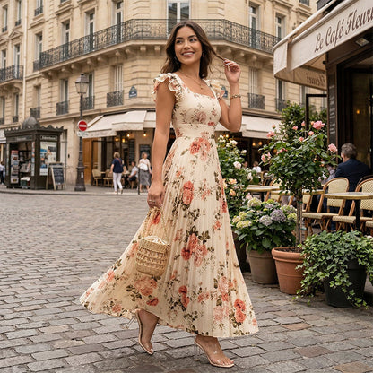 🌸 PROMO LIMITÉE 50% DE RÉDUCTION ! ✨ Robe Longue Plissée Imprimé Floral – Col Carré, Manches Volantées, Vintage 👒
