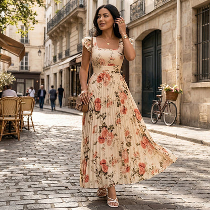 🌸 PROMO LIMITÉE 50% DE RÉDUCTION ! ✨ Robe Longue Plissée Imprimé Floral – Col Carré, Manches Volantées, Vintage 👒