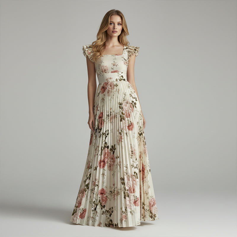 🌸 PROMO LIMITÉE 50% DE RÉDUCTION ! ✨ Robe Longue Plissée Imprimé Floral – Col Carré, Manches Volantées, Vintage 👒
