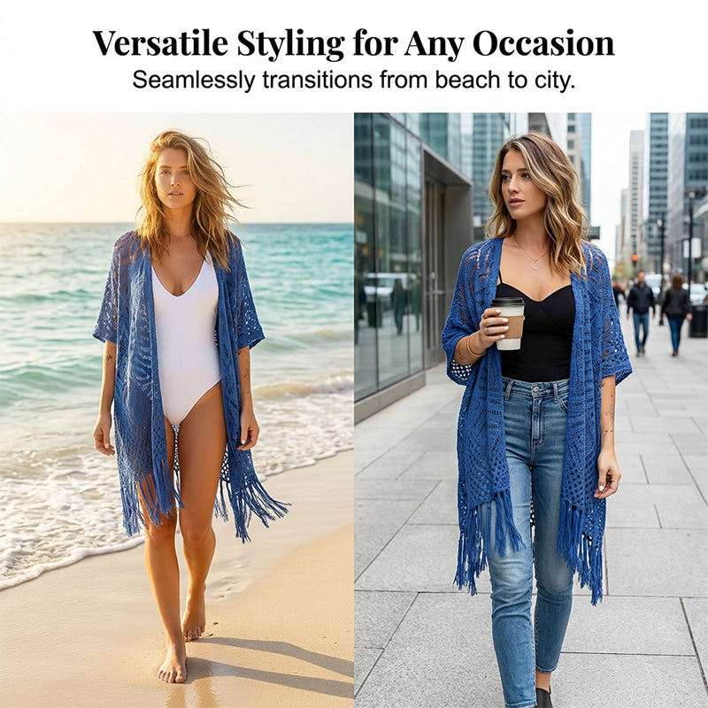 🌸🦋🌼 OFFRE LIMITÉE 50% DE RÉDUCTION! Poncho/Pareo Bohème en Maille Ajourée pour Femme – Ouverture Devant avec Pompons et Franges, Tissu Léger, Idéal pour les Jours Ensoleillés, les Vacances et le Quotidien Chic ✨🎶