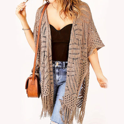🌸🦋🌼 OFFRE LIMITÉE 50% DE RÉDUCTION! Poncho/Pareo Bohème en Maille Ajourée pour Femme – Ouverture Devant avec Pompons et Franges, Tissu Léger, Idéal pour les Jours Ensoleillés, les Vacances et le Quotidien Chic ✨🎶