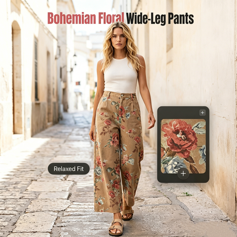 Jean femme cropped à coupe large et imprimé floral