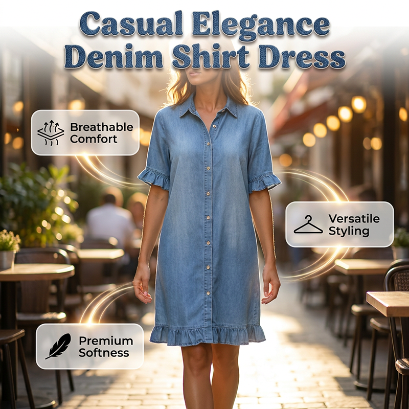 👗Robe chemise en jean ample à volants【Une robe qui vaut vraiment la peine d'être commandée】