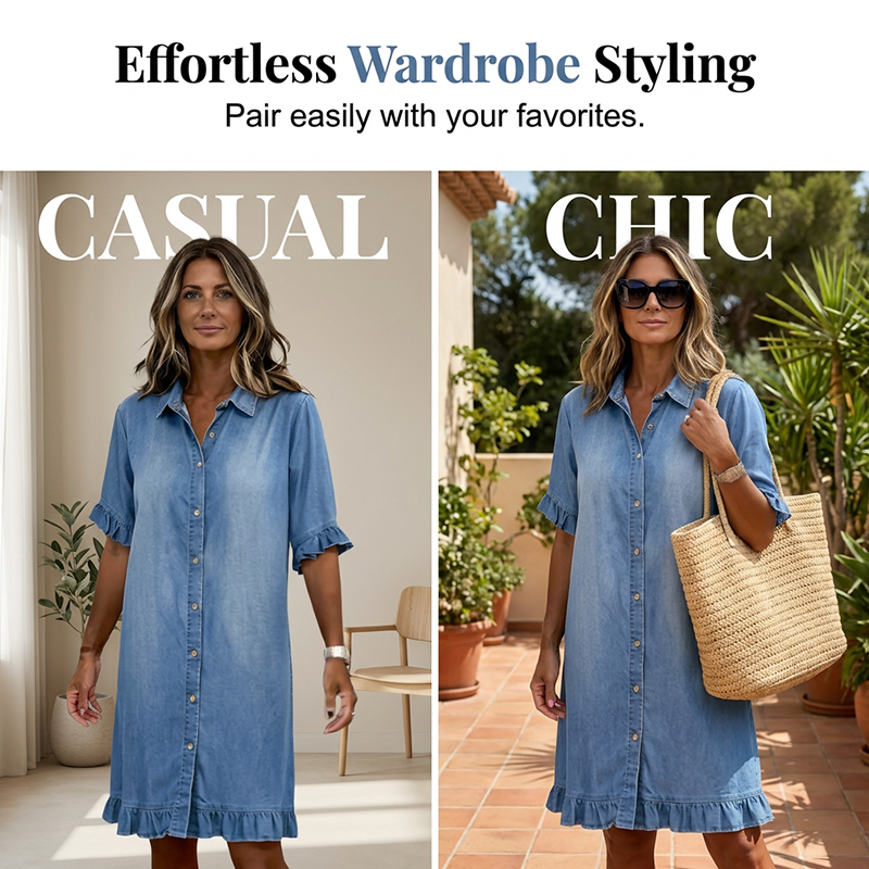 👗Robe chemise en jean ample à volants【Une robe qui vaut vraiment la peine d'être commandée】