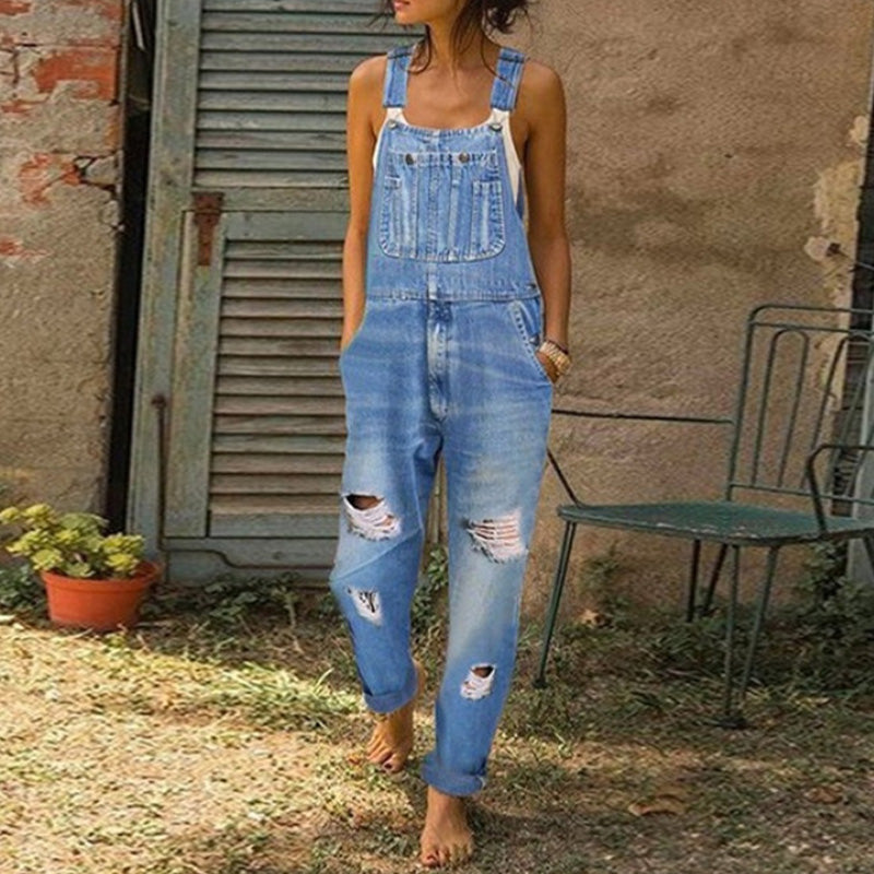 Combinaison décontractée en jean délavé pour femme