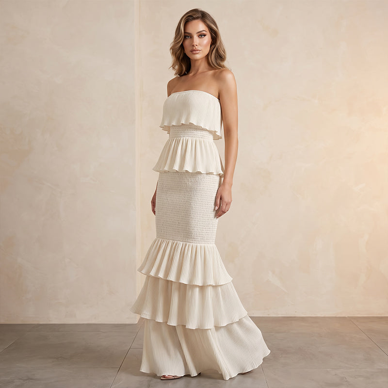 👗 PROMOTION LIMITÉE À -50 % ! 💫 Robe smockée sans bretelles à volants étagés pour femme – Élégante, flatteuse et polyvalente pour toutes les occasions ✨