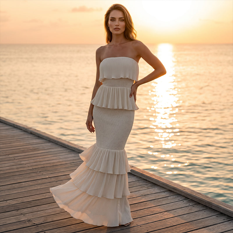 👗 PROMOTION LIMITÉE À -50 % ! 💫 Robe smockée sans bretelles à volants étagés pour femme – Élégante, flatteuse et polyvalente pour toutes les occasions ✨