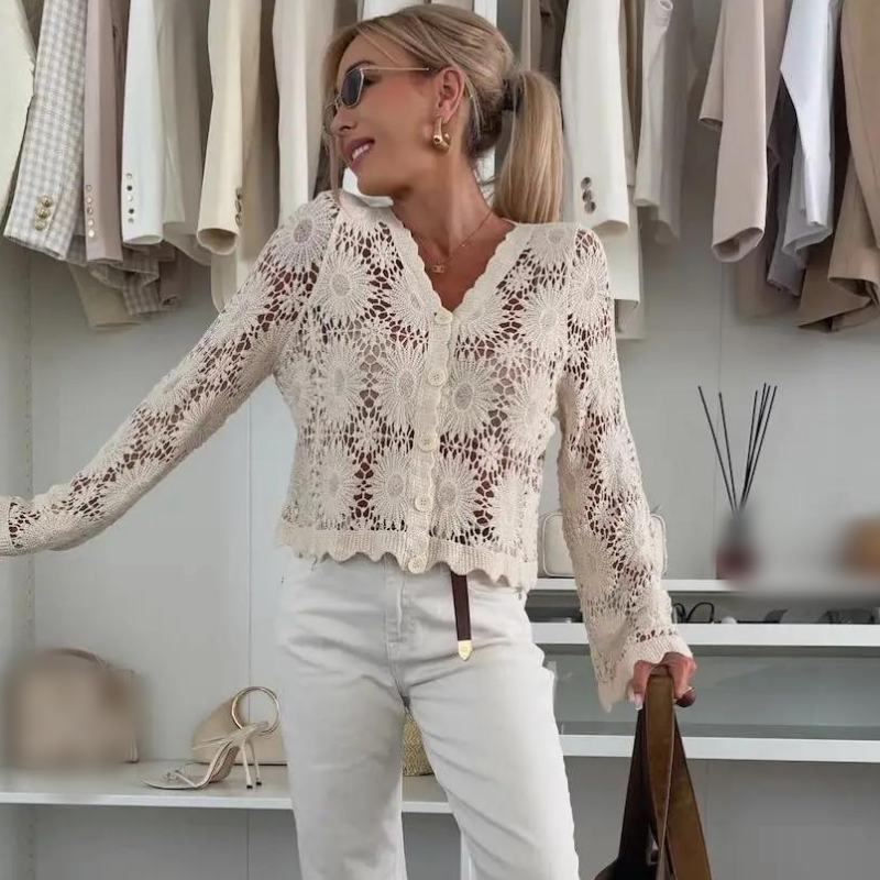 📢📢50 % DE RÉDUCTION !! ⏰Cardigan en maille crochetée à motifs floraux pour femme